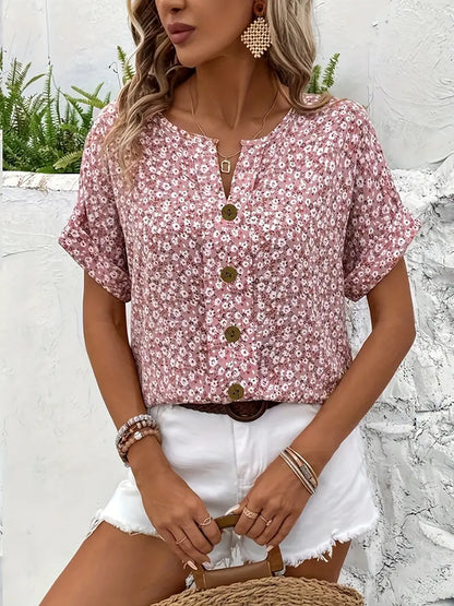 Lara | Damen Sommer Kurzarm Blusen-Top mit Knöpfen