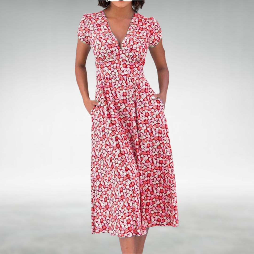 Helene | Damen Blumen V-Ausschnitt Midi Kleid mit Taschen