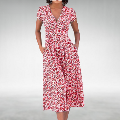 Helene | Damen Blumen V-Ausschnitt Midi Kleid mit Taschen