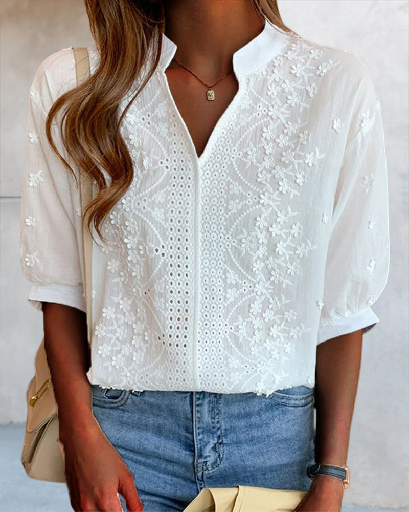 Sabine | Damen Sommerbluse mit V-Ausschnitt und Puffärmeln
