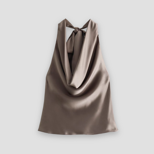 Carolin | Damen Satin-Top mit Drapiertem Halterneck und Offenem Rücken