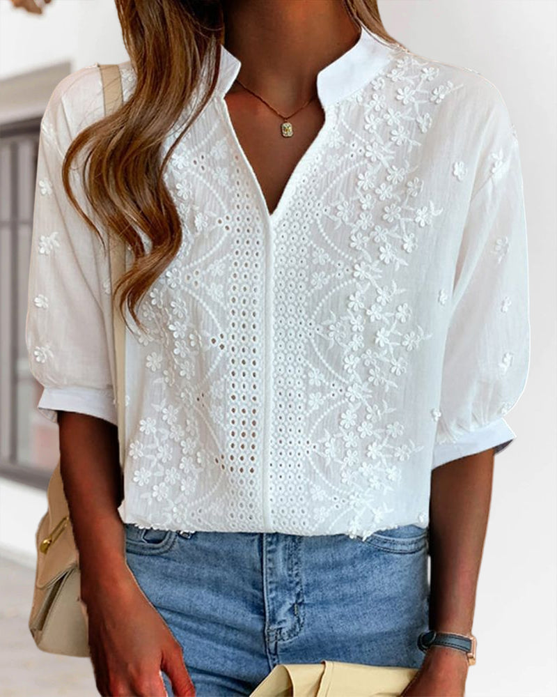 Sabine | Damen Sommerbluse mit V-Ausschnitt und Puffärmeln