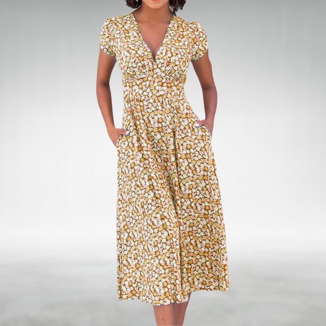 Helene | Damen Blumen V-Ausschnitt Midi Kleid mit Taschen