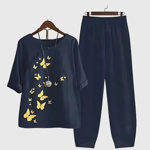 Julia | Damen Locker Geschnittenes Outfit-Set mit Schmetterlingsmotiv
