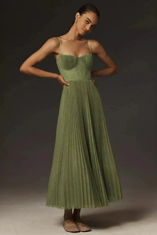 Karla | Damen Falten Träger Maxi Kleid
