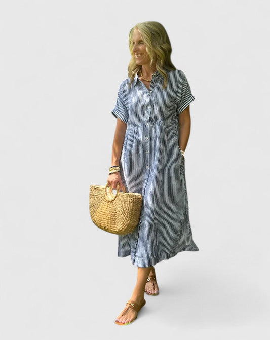Lydia | Damen Lockeres Gestreiftes Hemd-Midikleid