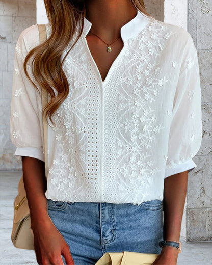 Sabine | Damen Sommerbluse mit V-Ausschnitt und Puffärmeln