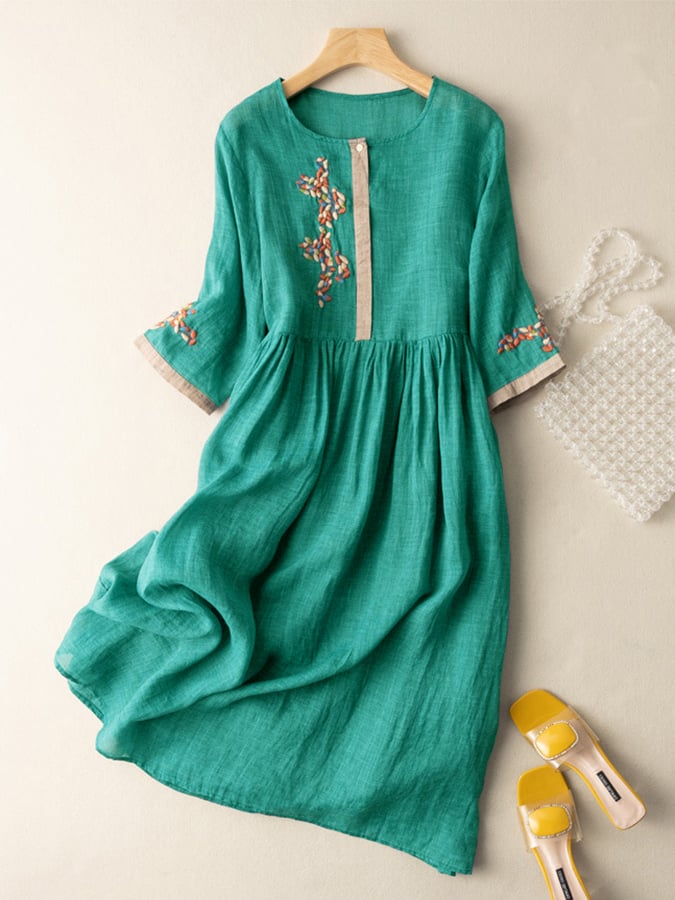 Leonie | Damen Sommer Midi-Kleid mit Ethno-Stickerei