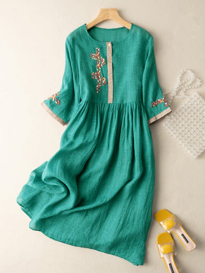 Leonie | Damen Sommer Midi-Kleid mit Ethno-Stickerei