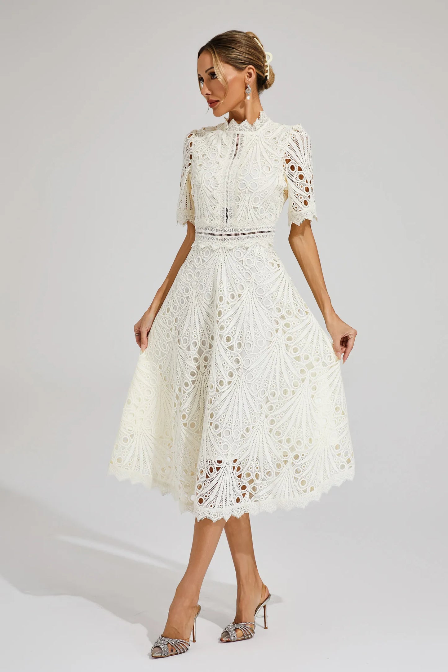Jasmin | Damen Schickes Spitzen Midi Kleid