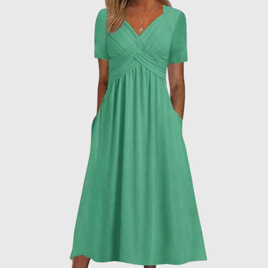 Leonie | Damen Maxikleid mit V-Ausschnitt und Kurzärmeln
