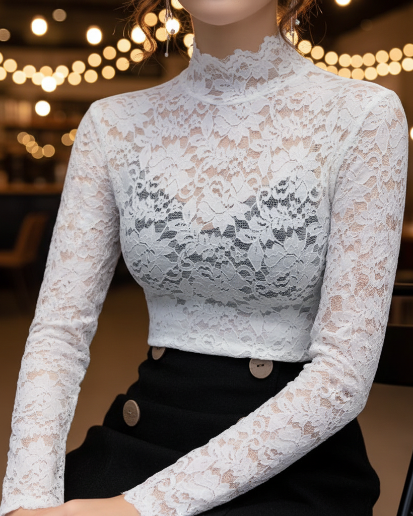 Pauline | Damen Frühlings-Spitzenbluse mit Stehkragen