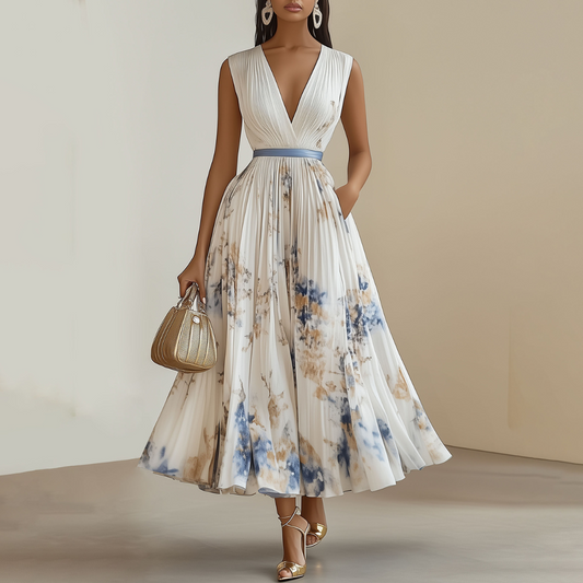 Lara | Damen Plissiertes V-Ausschnitt Midikleid