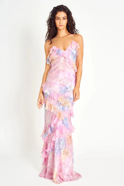 Julia | Damen romantisches, geblümtes, mehrlagiges Abend-Maxikleid