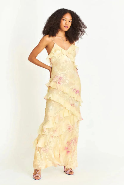 Julia | Damen romantisches, geblümtes, mehrlagiges Abend-Maxikleid