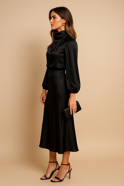 Kerstin | Damen Midi-Kleid mit Hohem Ausschnitt und Langarm