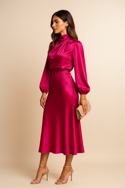 Kerstin | Damen Midi-Kleid mit Hohem Ausschnitt und Langarm