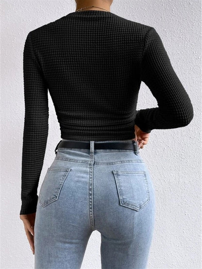 Karla | Damen Frühlings Enganliegendes Waffel-Strick Langarmtop