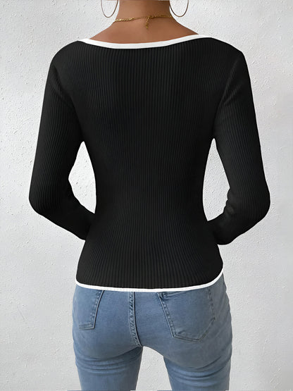 Anke | Damen Herbst Strickpullover mit Kontrastbesatz
