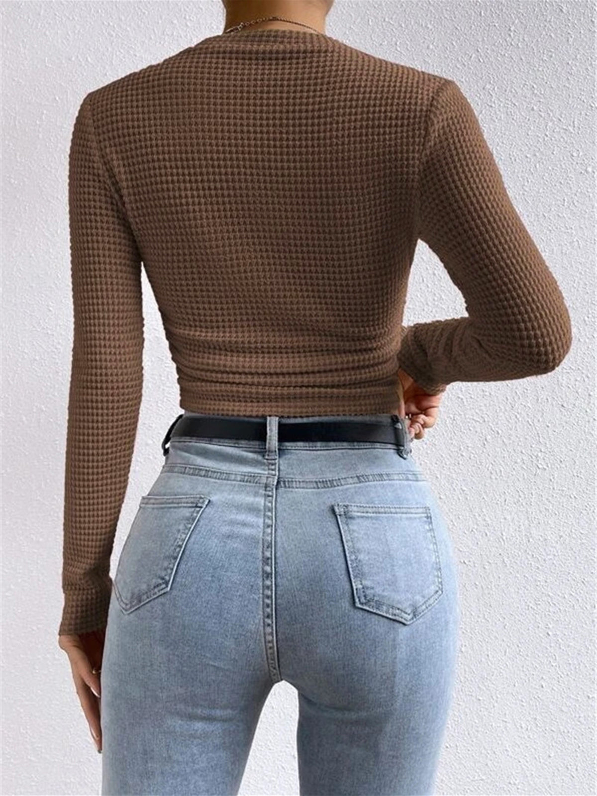 Karla | Damen Frühlings Enganliegendes Waffel-Strick Langarmtop