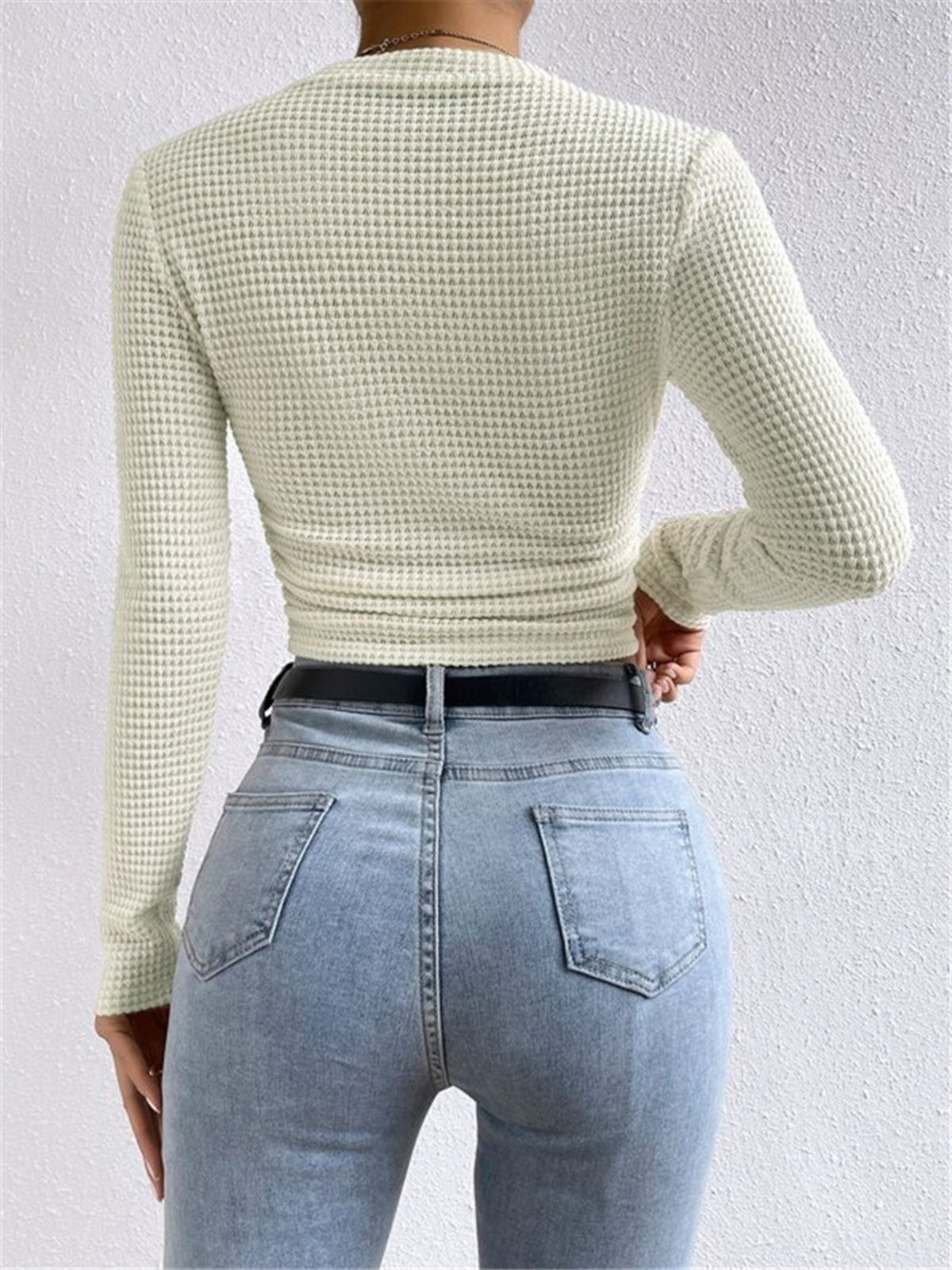 Karla | Damen Frühlings Enganliegendes Waffel-Strick Langarmtop