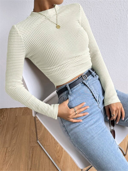 Karla | Damen Frühlings Enganliegendes Waffel-Strick Langarmtop
