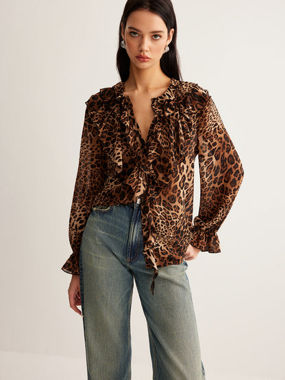 Viviane | Damen Sommerbluse mit Leopardenmuster und Rüschenkragen