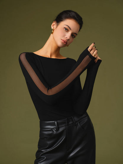 Nicole | Damen Frühlings Stylisches Mesh-Ärmel T-Shirt