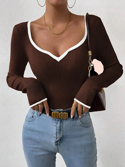 Anke | Damen Herbst Strickpullover mit Kontrastbesatz