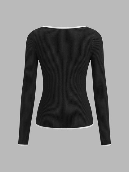 Anke | Damen Herbst Strickpullover mit Kontrastbesatz