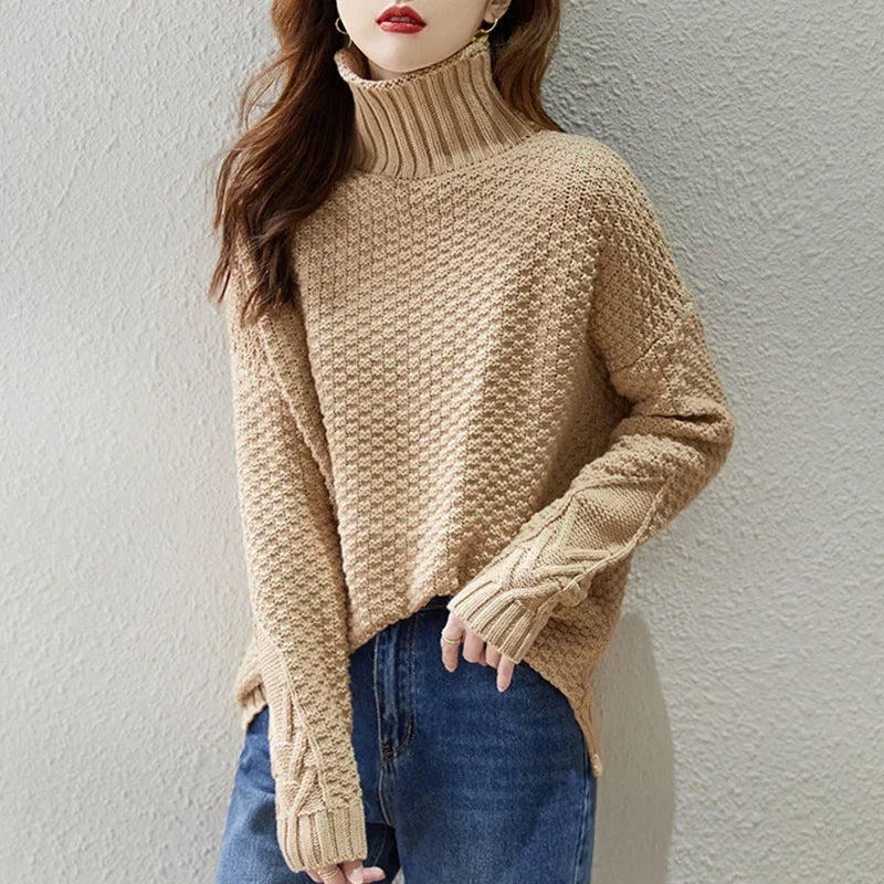 Veronika | Damen Frühlings Zopfmuster Rollkragenpullover