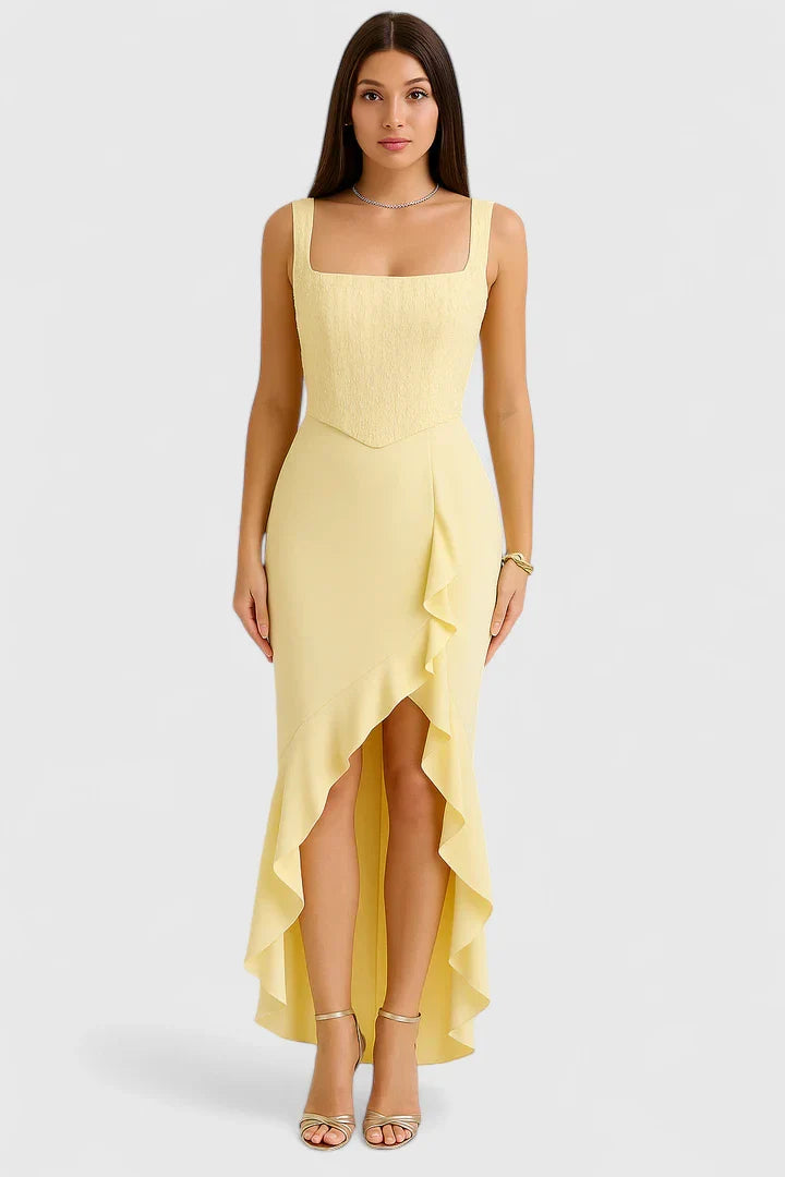 Sabine | Damen Kleid mit Quadratischem Ausschnitt, Rüschen und High-Low-Saum