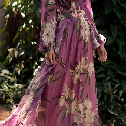 Irina | Damen Bequemes Blumen V-Ausschnitt Maxi Kleid