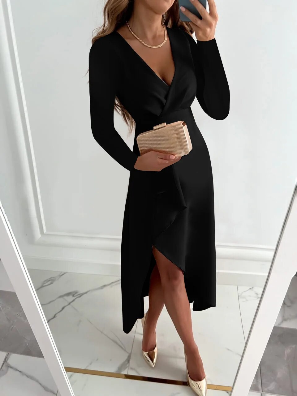 Lydia | Damen Midi-Etui-Kleid mit V-Ausschnitt und Schlitz