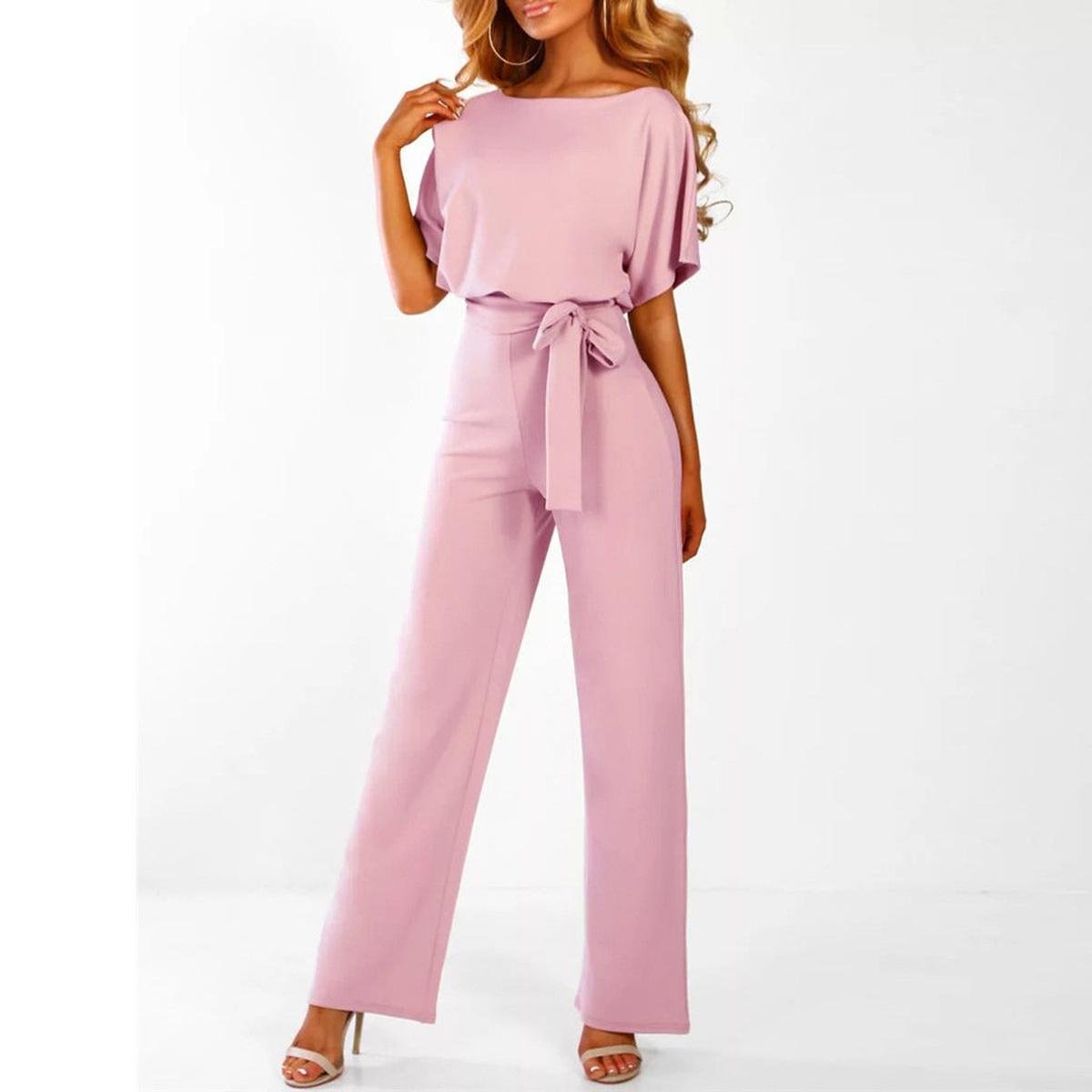 Johanna | Damen Jumpsuit mit Gürtel, weitem Bein und kurzen Ärmeln