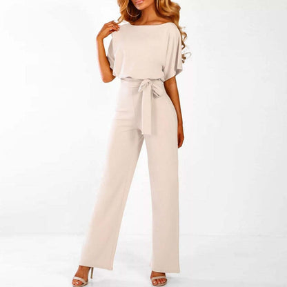 Johanna | Damen Jumpsuit mit Gürtel, weitem Bein und kurzen Ärmeln