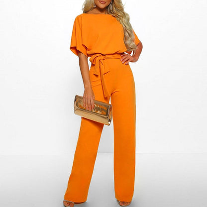 Johanna | Damen Jumpsuit mit Gürtel, weitem Bein und kurzen Ärmeln