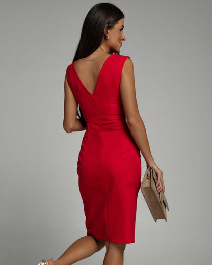 Angela | Damen Elegantes V-Ausschnitt Midikleid Mit Schlitz
