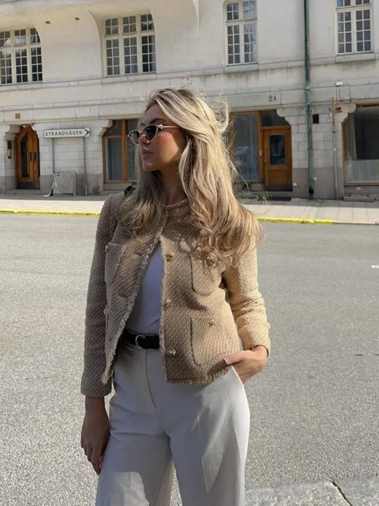 Anke | Damen Kurze Tweed-Jacke mit Knopfleiste