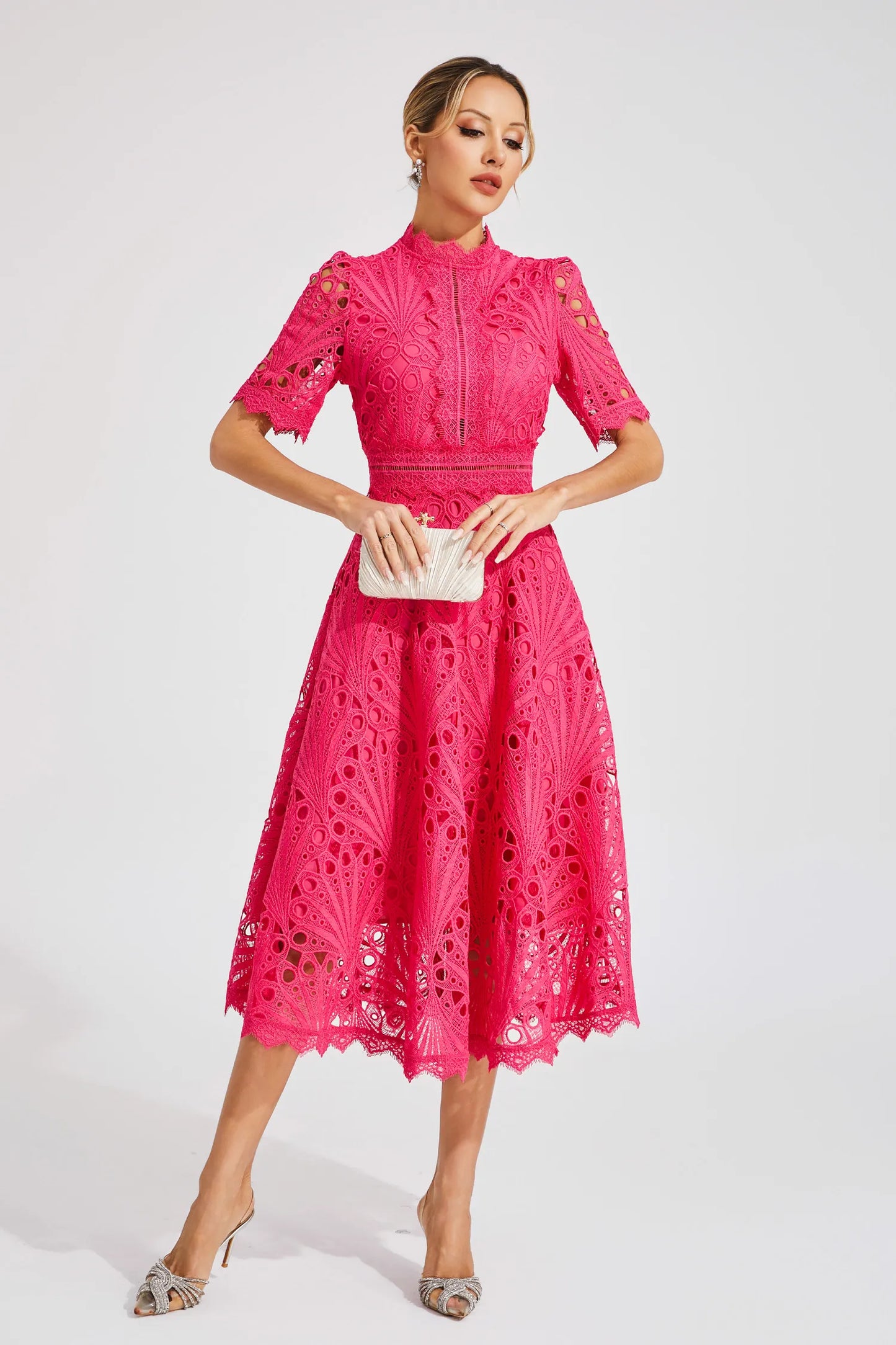 Jasmin | Damen Schickes Spitzen Midi Kleid