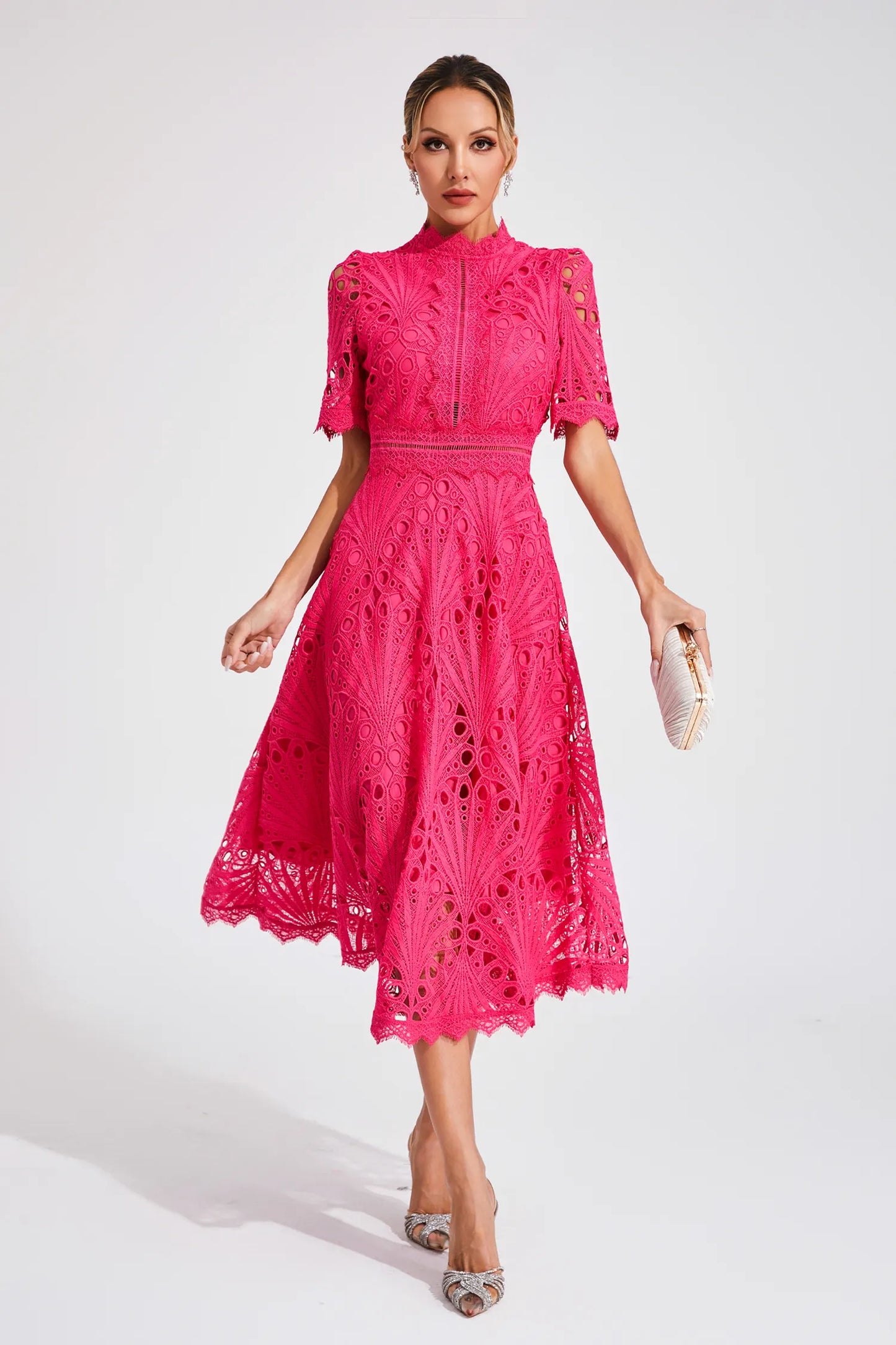 Jasmin | Damen Schickes Spitzen Midi Kleid