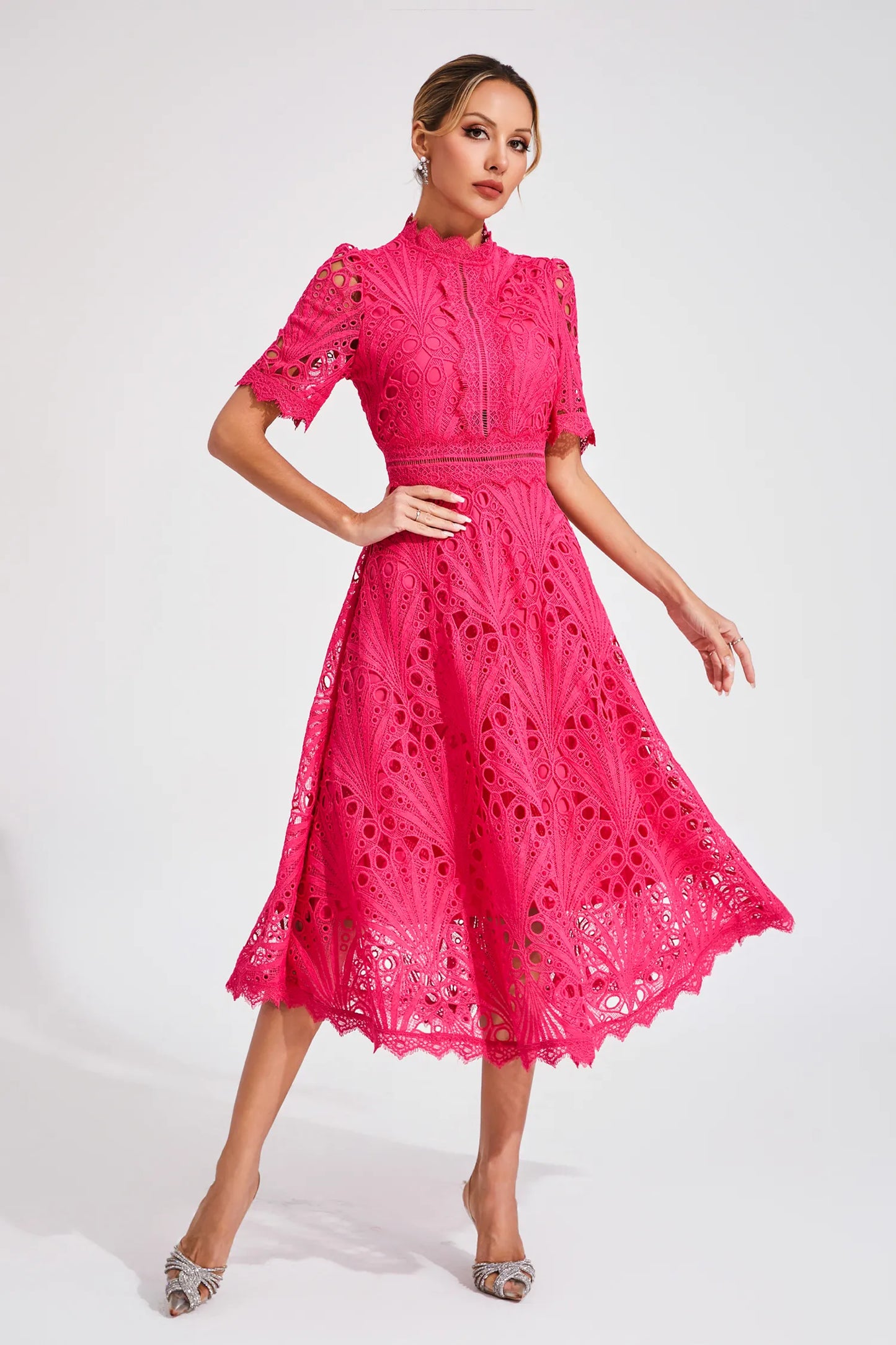 Jasmin | Damen Schickes Spitzen Midi Kleid