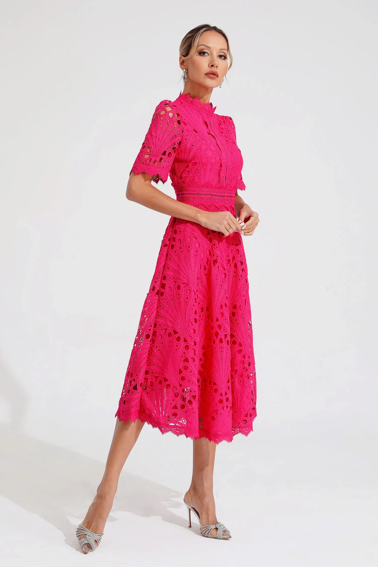 Jasmin | Damen Schickes Spitzen Midi Kleid