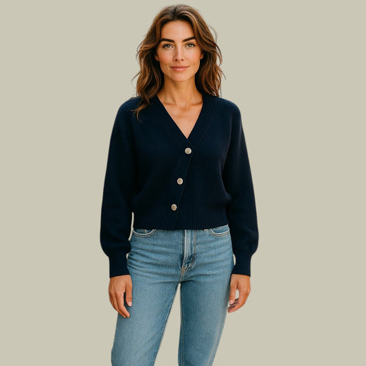 Natalie | Damen Asymmetrische Strickjacke mit Knopfleiste und V-Ausschnitt