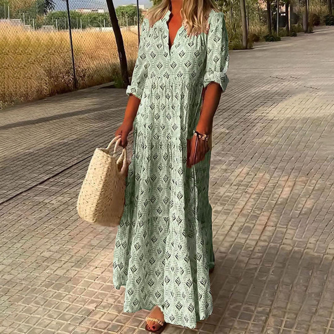 Yvonne | Damen Langarm Sommer Boho Print Kleid