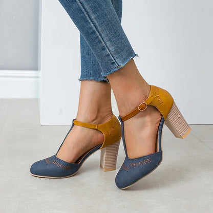 Annika | Damen Bequeme T-Riemen-Pumps mit Blockabsatz