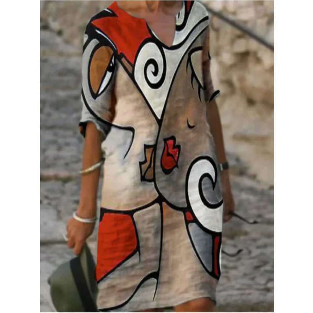 Beatrice | Damen Kleid mit abstraktem Porträt und V-Ausschnitt