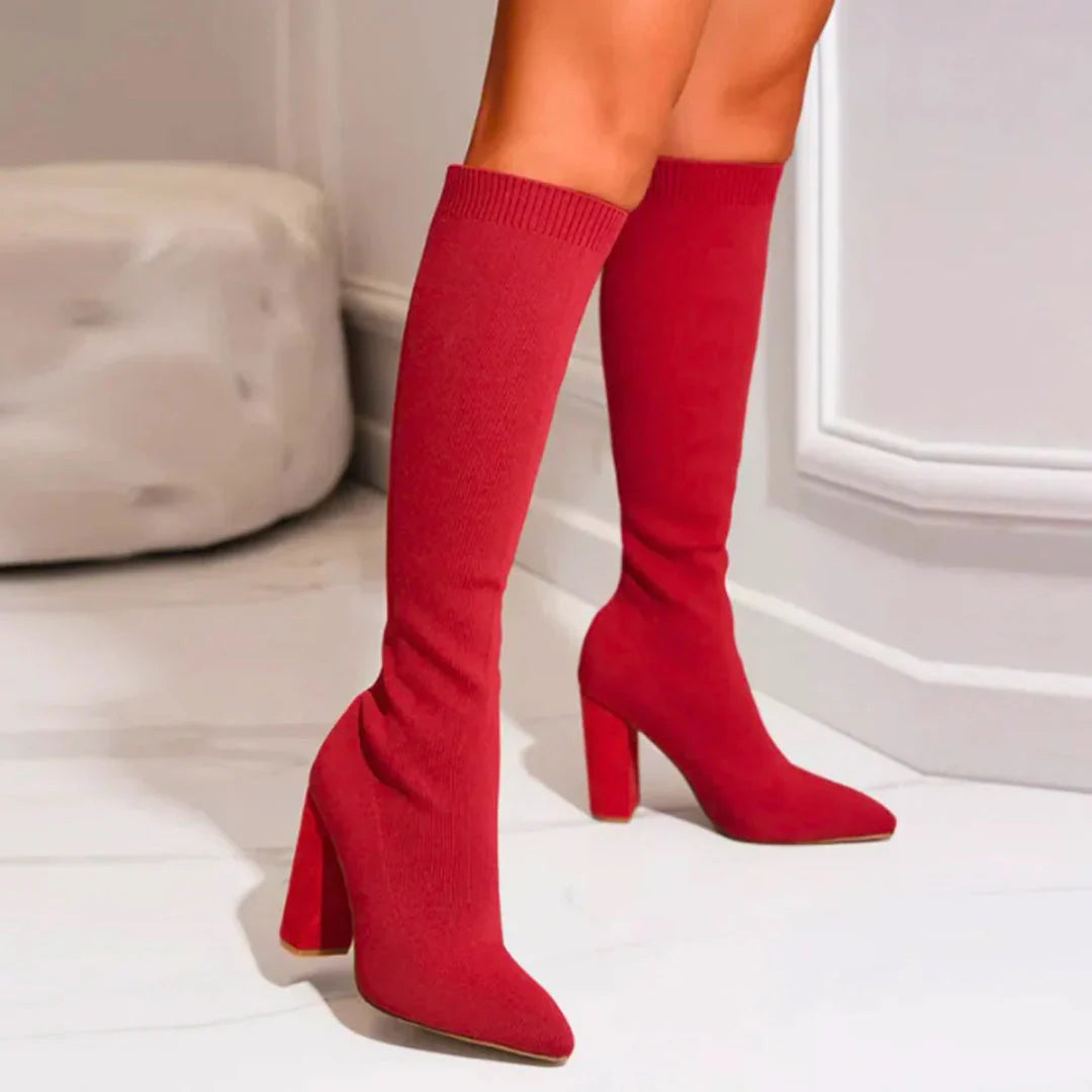 Angela | Damen Herbst Strickstiefel mit Hohem Absatz
