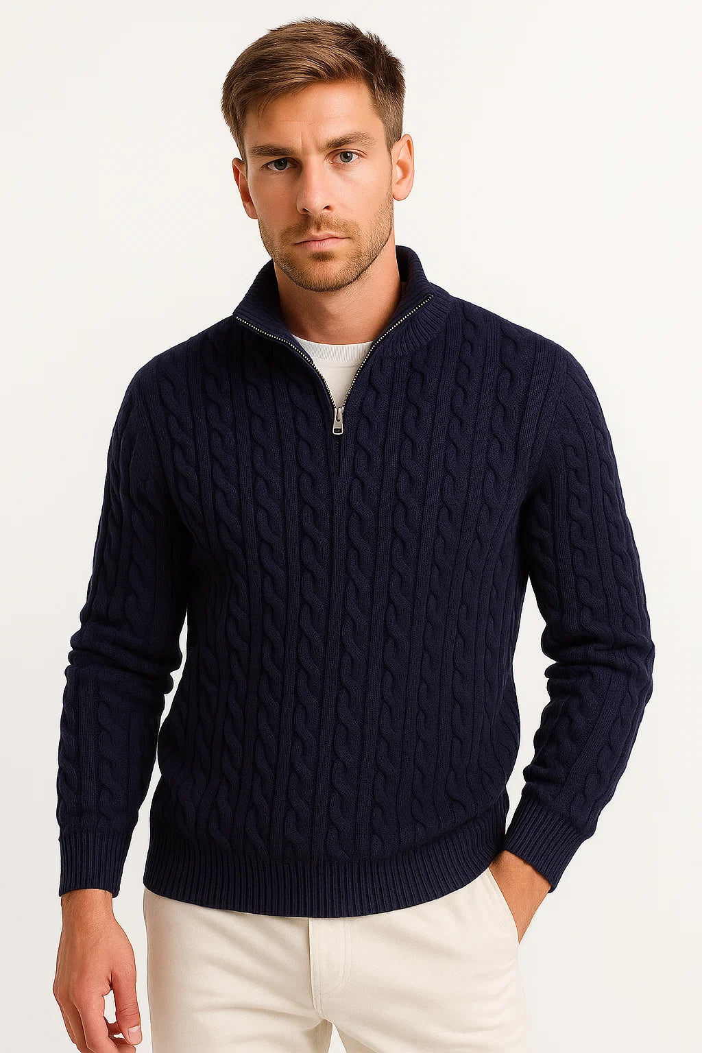 Gunnar | Herren Frühlings Strickpullover mit Zopfmuster und Reißverschluss am Kragen