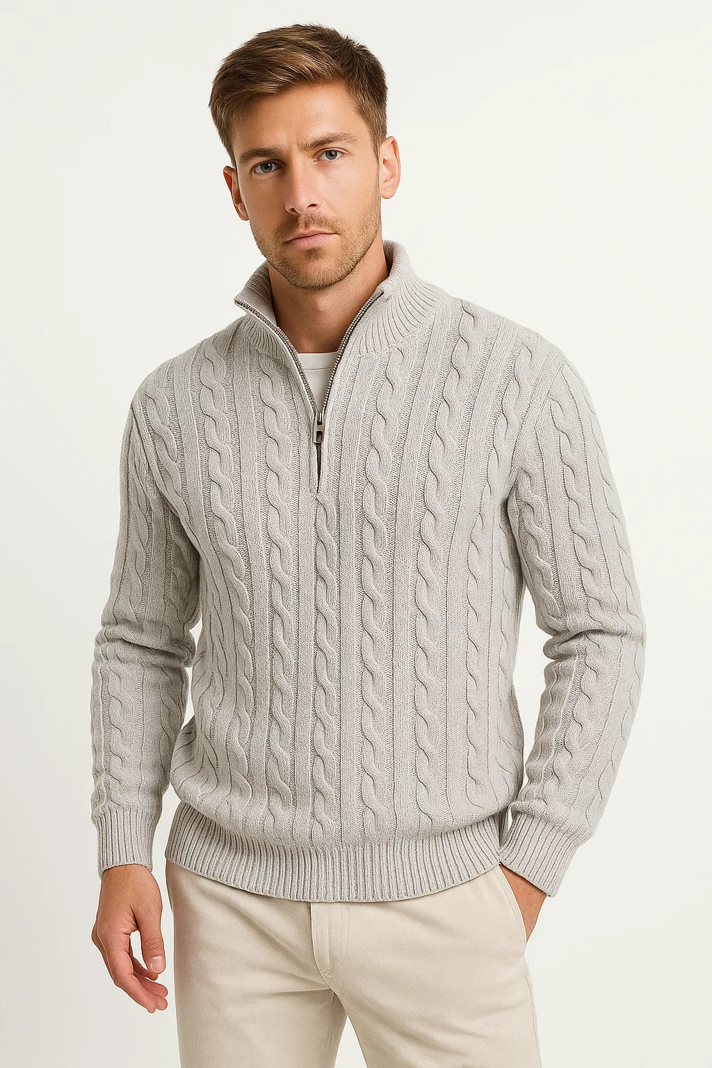 Gunnar | Herren Frühlings Strickpullover mit Zopfmuster und Reißverschluss am Kragen